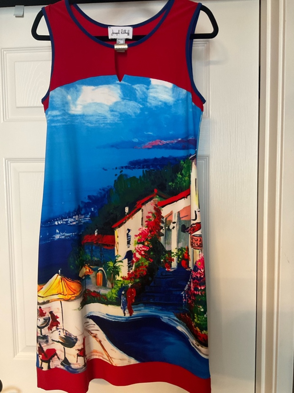 Joseph Ribkoff Red Dress with Blue Trim and Multicolor Scenic Print